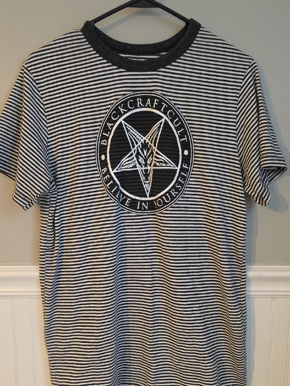 Black & White Striped Short-Sleeve Tee with Center Logo - Blackcraft Cult